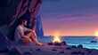 In the cave of an uninhabited island at night, a single castaway man basks by a bonfire. Cartoon illustration of a shipwrecked survivor basking on the sea shore at the stone cavern's entrance after