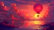 An airship with a basket flies over the ocean or lake at sunset. There is an evening sun on the horizon, and a bright red sky with clouds in the distance.