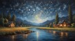 oil paintings of a beautiful, starry night on a river