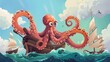 This cartoon depicts a giant octopus, the legendary Kraken of Scandinavian folklore. It extends tentacles over a wooden ship, trying to carry it down with its tentacles. It is a fantasy creepy