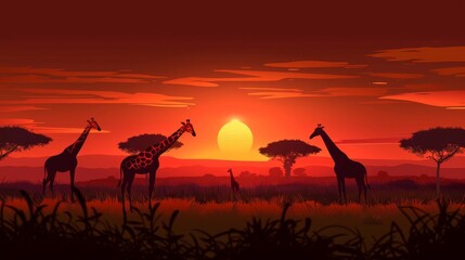 Wall Mural - Modern cartoon illustration of african savanna landscape at sunset with silhouettes of giraffes, acacia trees and green grass. Concept of safari trip, vacation travel.