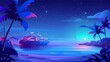 The passenger cruise ship in the ocean at night. Modern cartoon illustration of summer tropical landscapes with sand beaches, palm trees and passenger ships at sea. It represents travel, resort