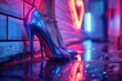 Sparkling high heels are illuminated by vibrant neon lights against the backdrop of a rainy night pavement