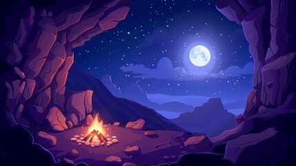 Wall Mural - Camping in a mountain cave with campfire and sleeping bag, beautiful view on rocks under a starry sky with full moon and stalactites inside Cartoon modern illustration.