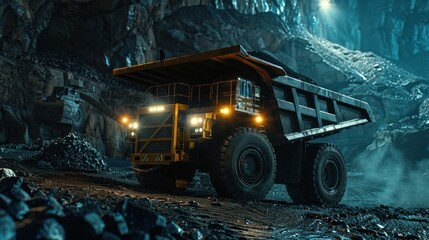 Large quarry dump truck in coal mine at night. 