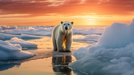 Wall Mural - Polar Bear stands on melting sea ice at sunset 