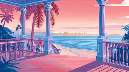  House on a beach with palm trees and a city skyline in a summer tropical landscape. Modern illustration of a bungalow or cottage terrace with stairs and a balustrade.