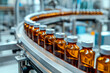 pharmaceutical production line, Pharmaceutical industry.Production line machine conveyor with glass bottles ampoules at factory. Pharmaceutical industry concept, generative ai