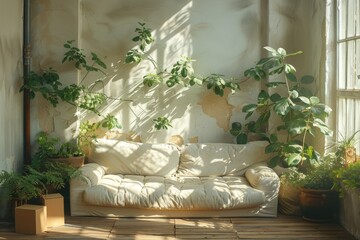 Cozy home corner with a vintage cream couch surrounded by greenery and bathed in warm, natural sunlight spilling through the window