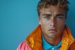 © Larisa AI - Close-up of a handsome young man with blue eyes, wearing an orange vest and posing in front of a blue wall