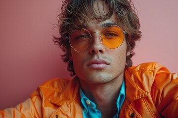 A young man with wavy hair poses in orange glasses, an orange jacket, and a blue shirt, against a pink background