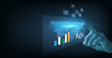 Poster - Online marketing and website advertising concept. Digital marketing strategy analysis to promotion of products or services through digital channels on a dark blue background.
