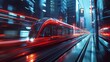 Modern tram in red streaking through a futuristic cityscape.