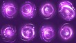 Circles of purple light with sparks and leaves motion effect. Adrenalin glow with stardust and sparkles. Abstract flow, tornado vortex, isolated magician spell swirls modern illustration, set.