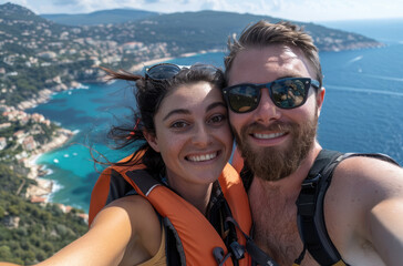 Wall Mural - A happy couple took a selfie while paragliding over the French Riviera, wearing orange life jackets and sunglasses. 