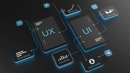 UX user interface flowchart, connection mode graphic designer, application process development, data prototype, website framework, mobile icon phone. The concept of user interaction. 3d rendering.