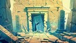 The interior of an ancient Egyptian pyramid with an open door. Cartoon modern illustration of an antique pharaoh tomb with sculptures and mysterious hieroglyphs on a wall covered in spiderwebs and
