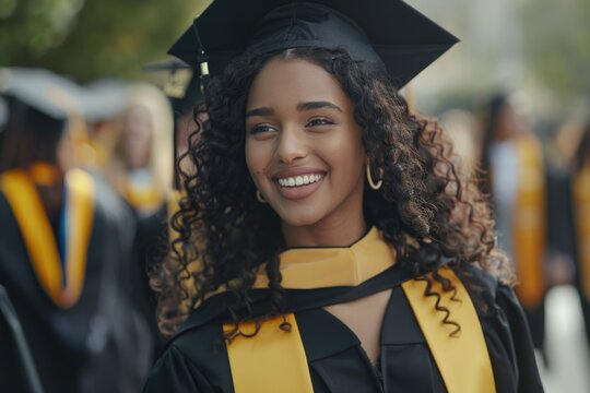Beautiful female college graduate smiling in front, wearing a black and yellow graduation gown with a cap tassel on her head.