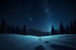 Empty night nature scene. The night starry sky, the rays of the blue neon spotlight. Snowy winter night background. Generative AI