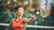 Asian Female Tennis Player in Action, Swinging Her Tennis Racket to Return the Ball Fictional Character Created by Generative AI.