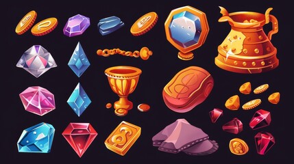 Wall Mural - Coin and gem treasure pile modern. Gold and jewelry currency icon collection isolated on dark background. Cute shiny golden diamonds, rubies, and goblet loot.