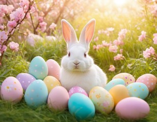 Wall Mural - AI generated illustration of an Easter bunny amidst eggs and blooms in the grass