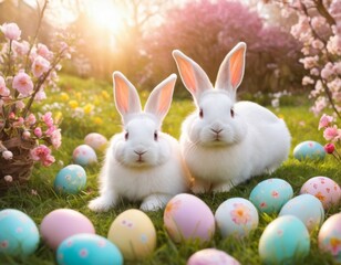 Wall Mural - AI generated illustration of two rabbits sitting in the grass with Easter eggs