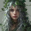 female dryad, natural silver green hair with ivy leaves, blue gray eyes, ranger, forest setting, dungeons and dragons, medieval fantasy, character art