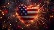 American flag heart with fireworks around it design