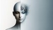 Futuristic Digital Art: Split Image of Cyborg Female with AI Patterns and Human-like Facial Features, Surreal, Robotics, Technology, Sci-Fi