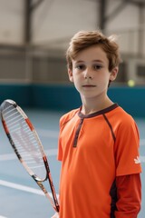 young blond boy player posing with tennis racket on court, ready to play game. Fictional Character Created by Generative AI.