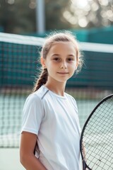 young blonde girl player holding tennis racket on court, posing for a picture and ready to play game. Fictional Character Created by Generative AI.