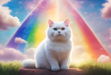 A White Cat Sitting On Top Of A Rock Under A Rainbow