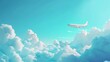 3D white airplane flying on blue sky landscape with cloud, modern illustration, realistic banner with blank passenger jet flight, side view, aviation concept or vacation trip ads mockup.