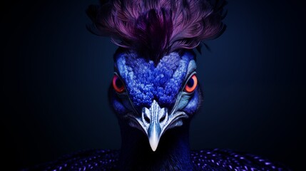 Poster - close-up captures the essence of a peacock, defined by its deep blue feathers and fiery orange eyes