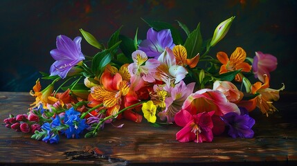 Wall Mural - a bunch of flowers on a table with blue and pink