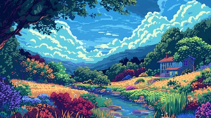 Wall Mural - Pixel art of flowers, trees, and rocks near water in a scenic view, AI-generated.