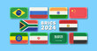 Vector set of national flags of the BRICS organization in 2024. Brazil, Russia, India, China, South Africa and five new members. Light blue background.