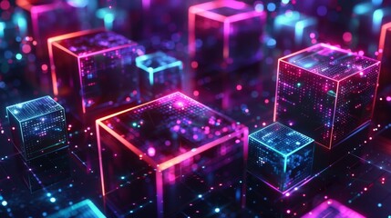 Poster - A modern illustration of realistic 3d cubes and neon parts composed over a dark space background. The illustration has a cyberspace theme, a high tech futuristic style and a Blockchain concept.
