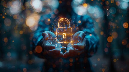 Poster - Digital padlock with data protection on blurred background with businessman using 3D rendering