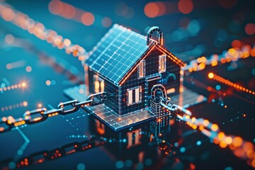 a small house in chains next to many connected lines of data