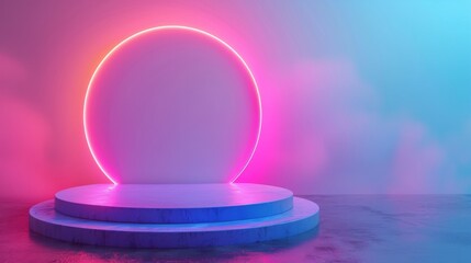 Sticker - An empty product stand with neon lights on a pastel colored background. 3D rendering.