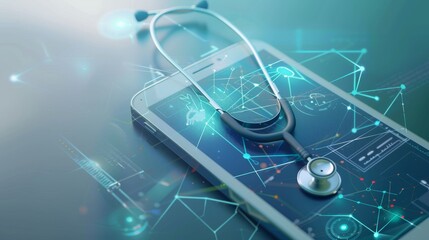 Fototapete - The concept of electronic health or e-health is illustrated with a realistic smart device with a stethoscope hanging from it