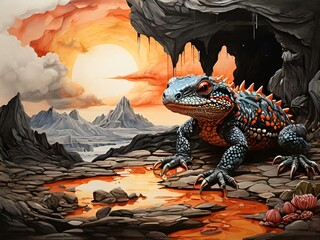 Wall Mural - there is a painting of a lizard in a cave with rocks