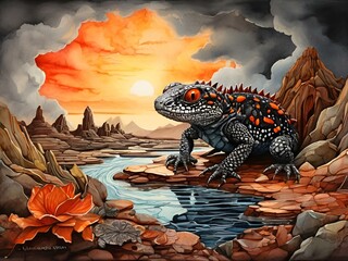 Canvas Print - a painting shows an ornate lizard and sunset with rocks in the foreground