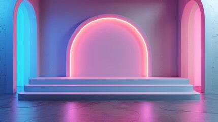 Leinwandbilder - 3D rendering of a blank product stand with neon lights against a pastel blue and white background.