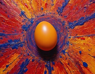 Sticker - AI generated illustration of an orange egg in a colorful painting with blue and yellow colors