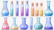 Set of lab glassware isolated on transparent background, including beakers, flasks, tubes filled with liquid substance and scientific test.