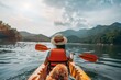 rear view of young women riding kayaking on the lake created with Generative AI . Beautiful simple AI generated image in 4K, unique.