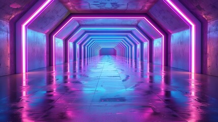 Canvas Print - Futuristic Reflective Concrete Corridor Tunnel Empty Room With Purple And Blue Neon Glowing Lights Background 3D Rendering Illustration